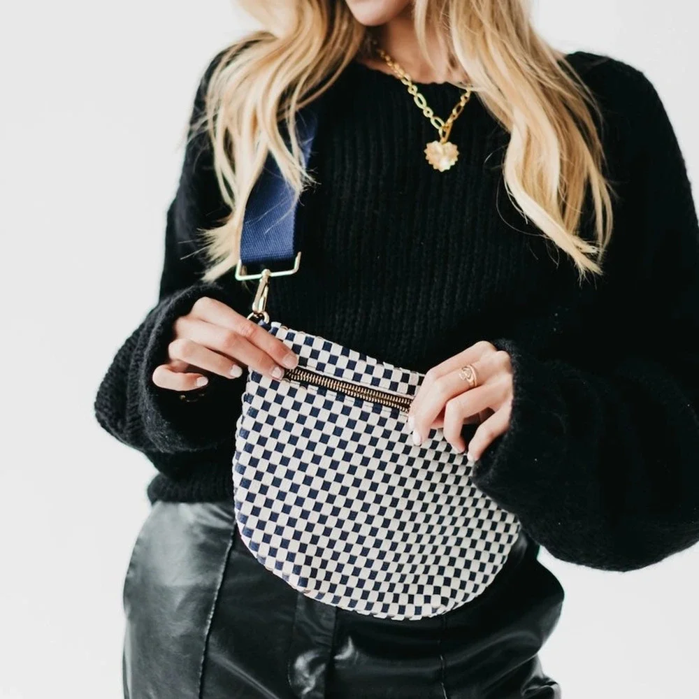 Westlyn Woven Vegan Leather Bum Bag | Navy Checkered No Studs
